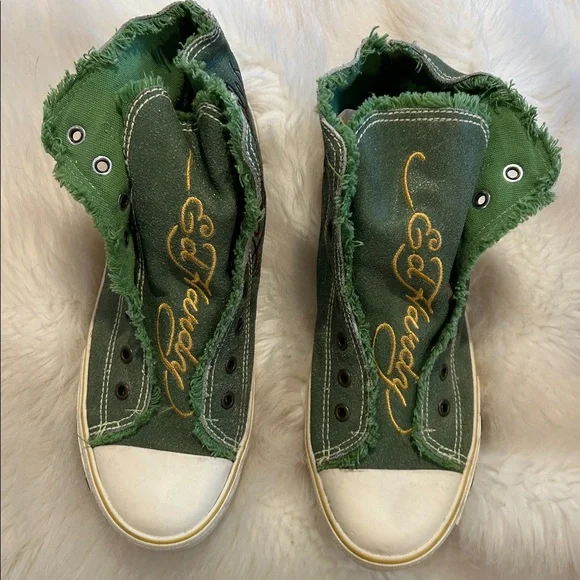 Ed Hardy high-top cracked leather over canvas, sneakers, tattoo shoes, size 10 - Picture 11 of 13